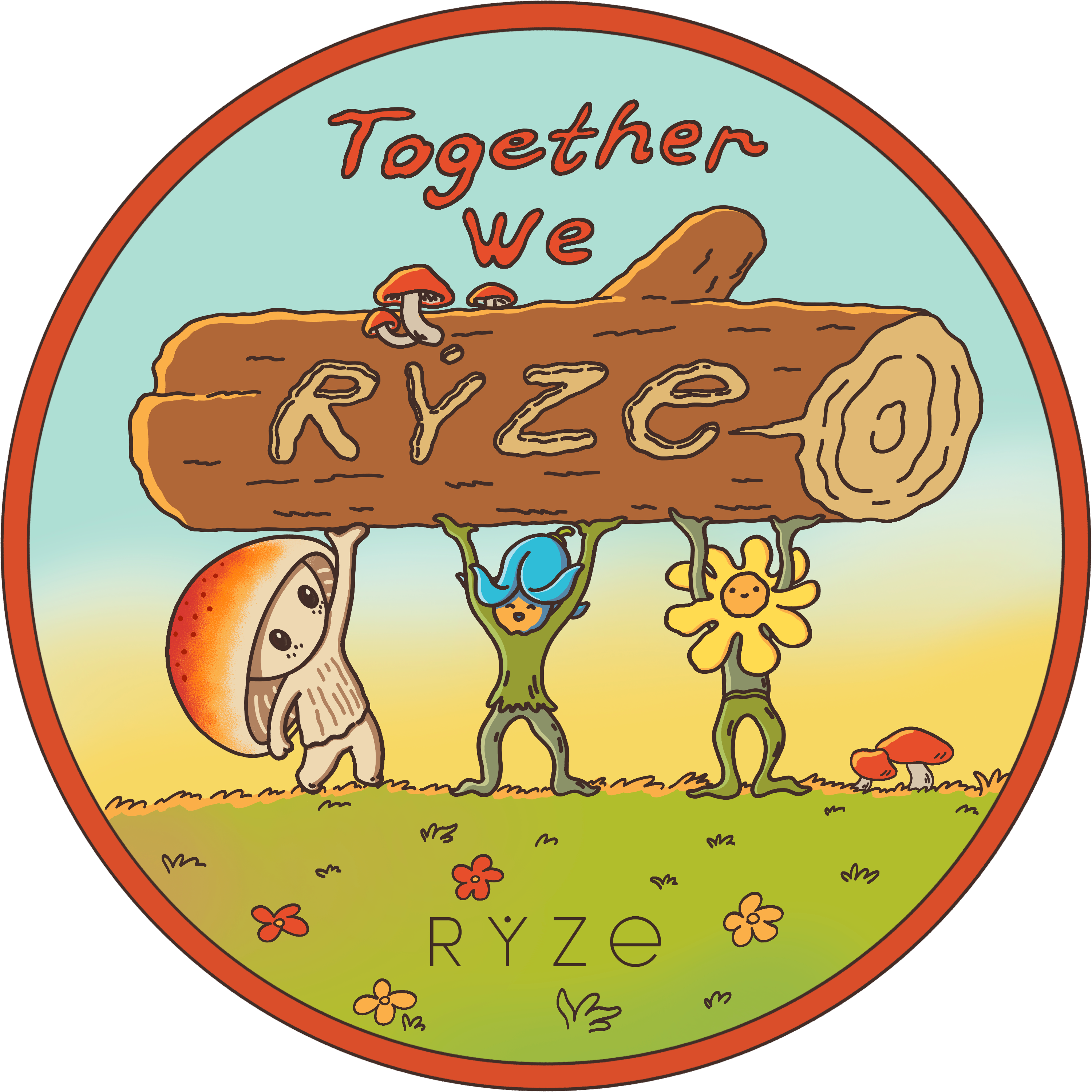 RYZE sticker: forest characters holding a Together We RYZE log in a colorful meadow